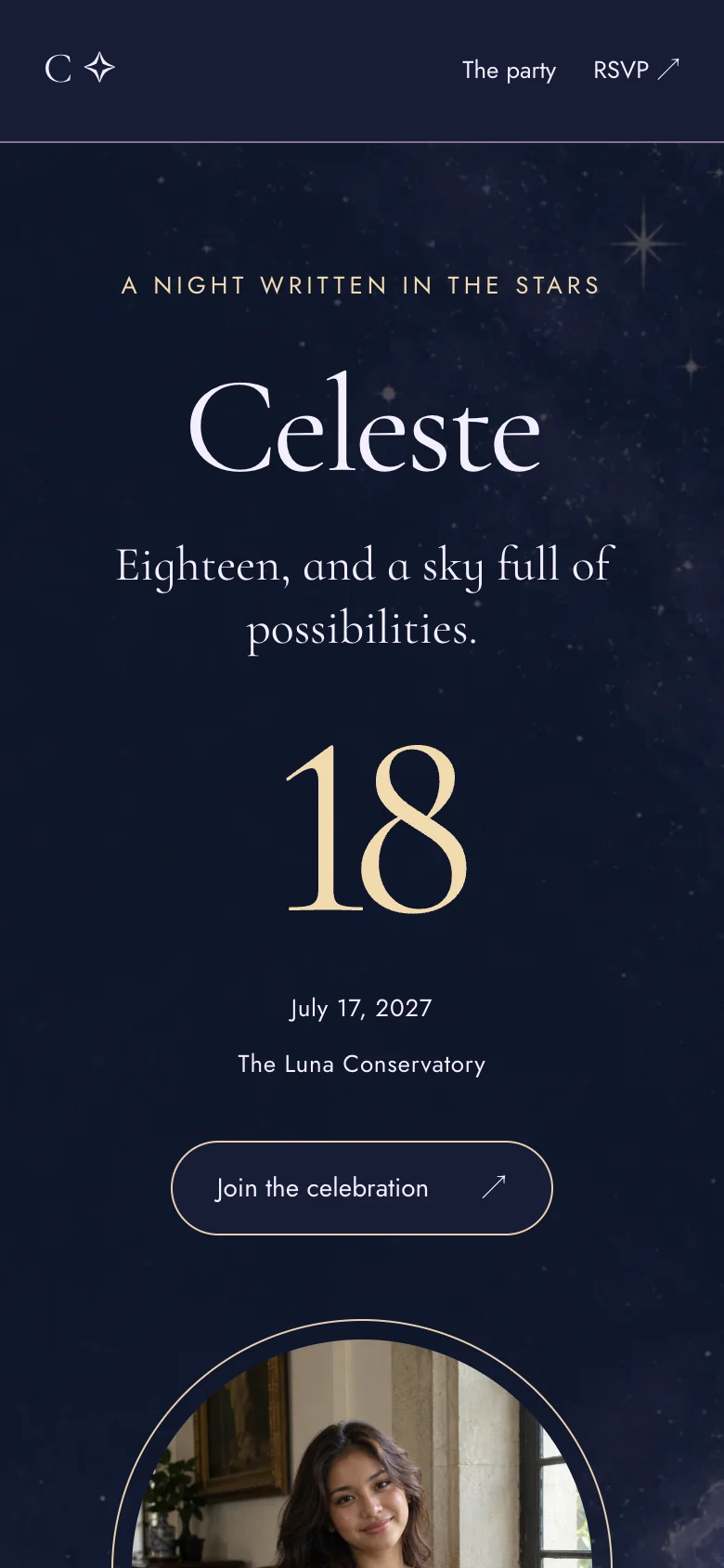 Invita’s Étoile theme on a phone: a night-sky debut invitation with a large gold 18.