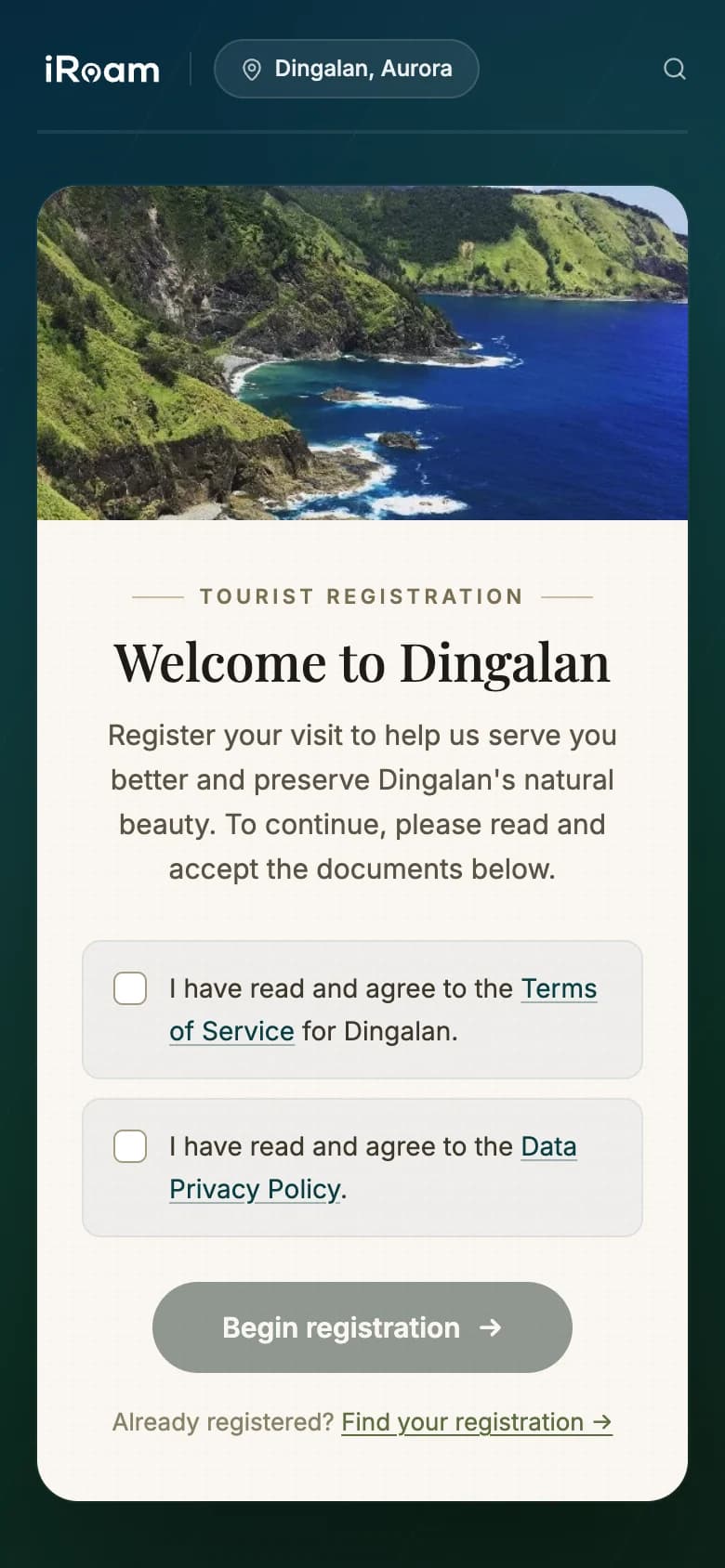 iRoam registration on a phone: a destination welcome card with terms and privacy checkboxes and a Begin registration button.